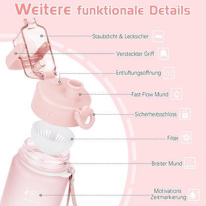 Trinkflasche 1L BPA-frei mit Zeitmarkierung